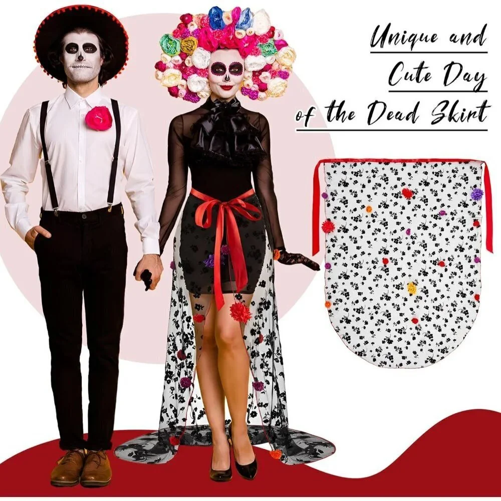 Women Day of Dead Tulle Skirt Mexican Flower Gothic Dress for Costume Party
